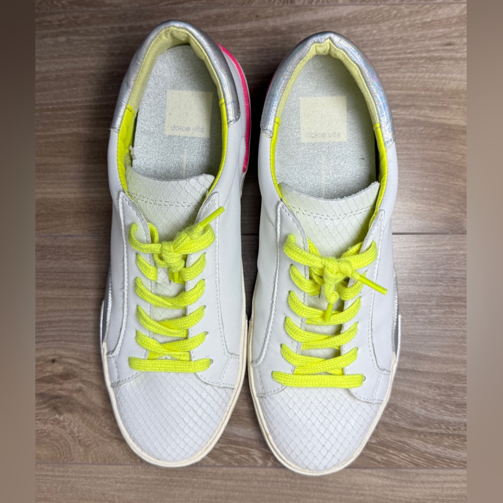Dolce Vita White Leather Sneakers 8.5 Neon Yellow Lace | Trendy Casual